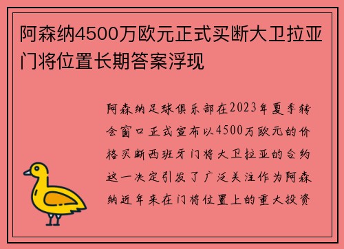 阿森纳4500万欧元正式买断大卫拉亚门将位置长期答案浮现