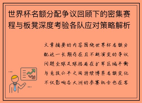 世界杯名额分配争议回顾下的密集赛程与板凳深度考验各队应对策略解析